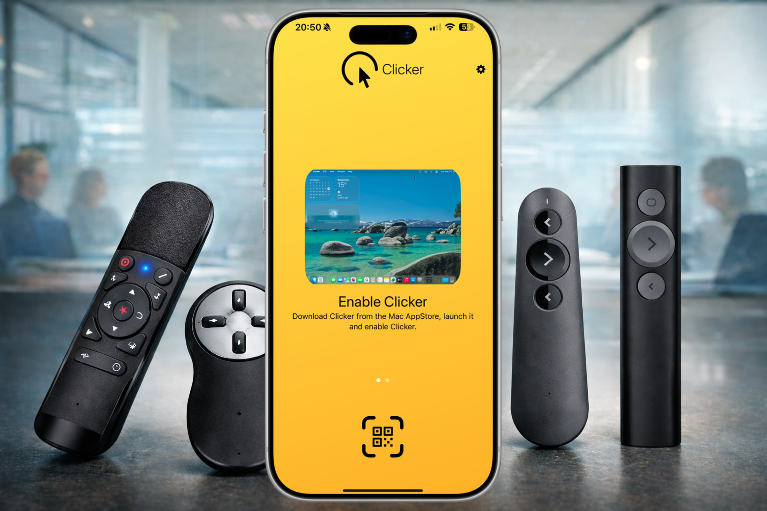 iPhone displaying Clicker app surrounded by various physical presentation remotes and clickers