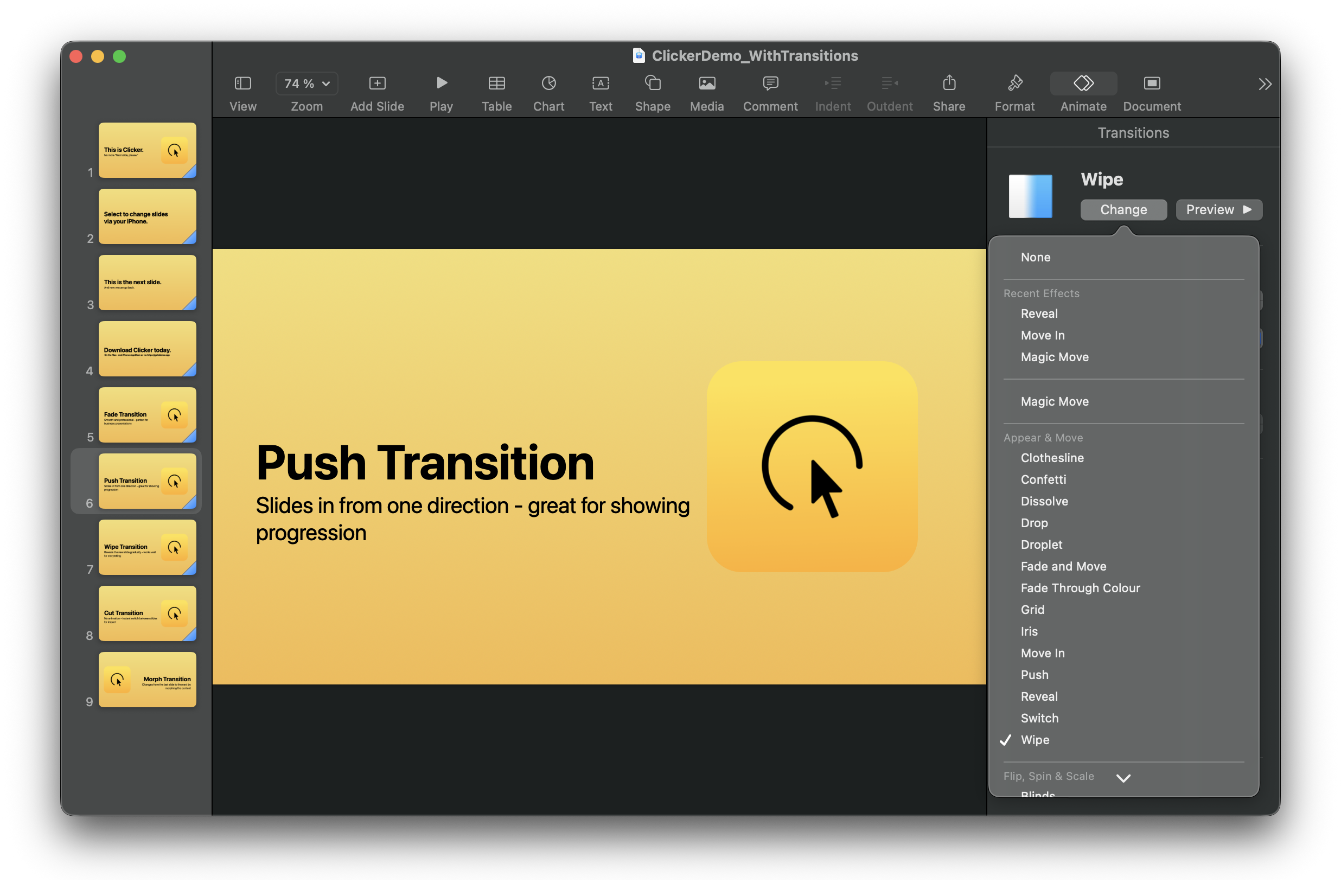 Image showing Keynote Wipe Animation selection