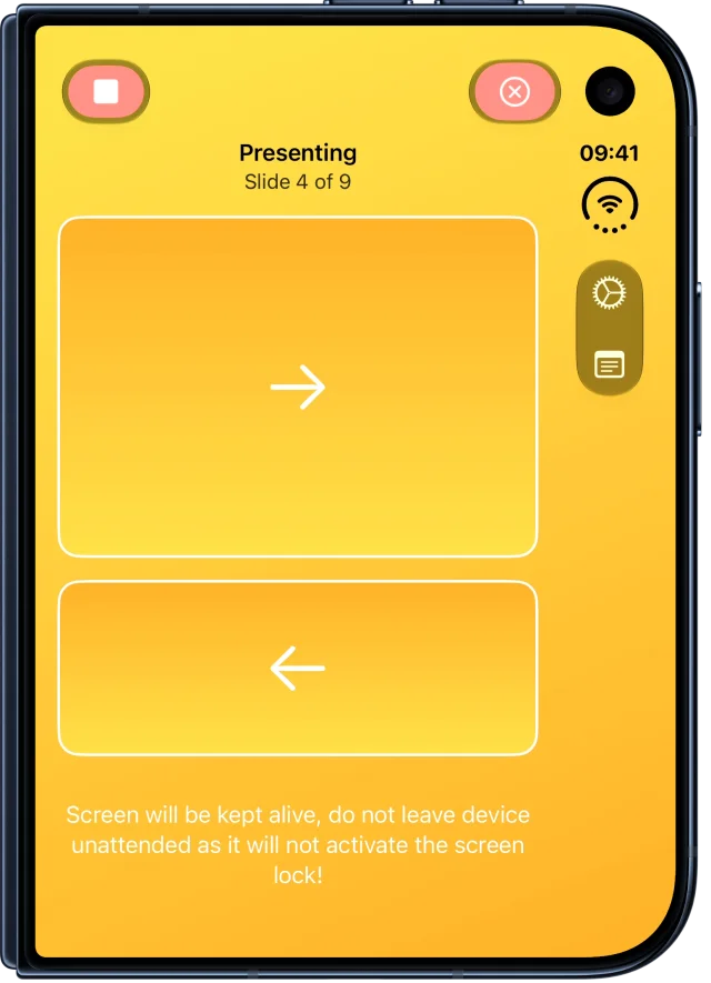 Clicker running on the cover screen of an iPhone Duo, showing next and previous slide buttons