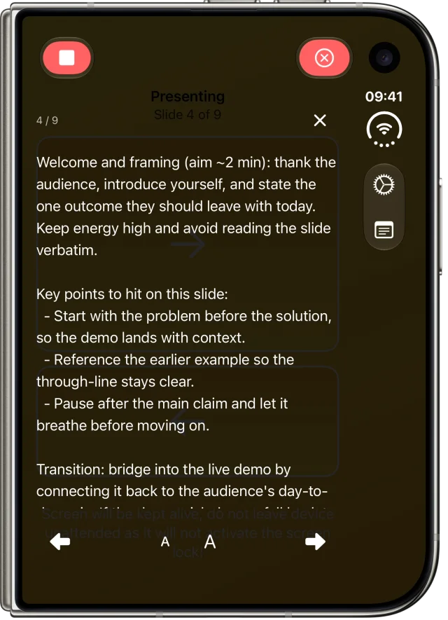 Clicker on the closed iPhone Duo cover screen showing speaker notes
