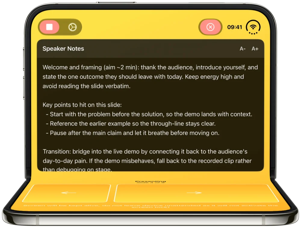 Clicker on an iPhone Duo in laptop mode with speaker notes above and slide buttons below the fold
