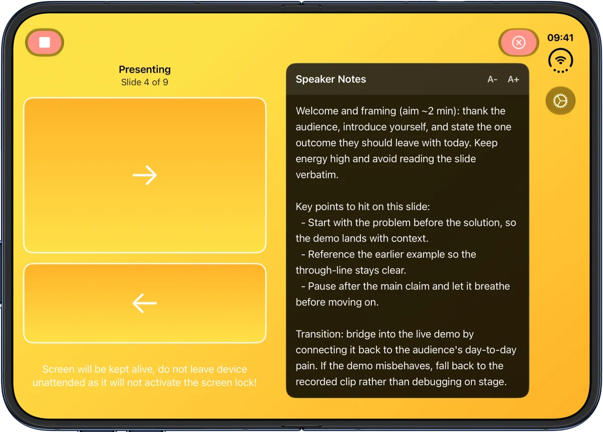 Clicker on an open iPhone Duo with slide controls on the left and speaker notes on the right