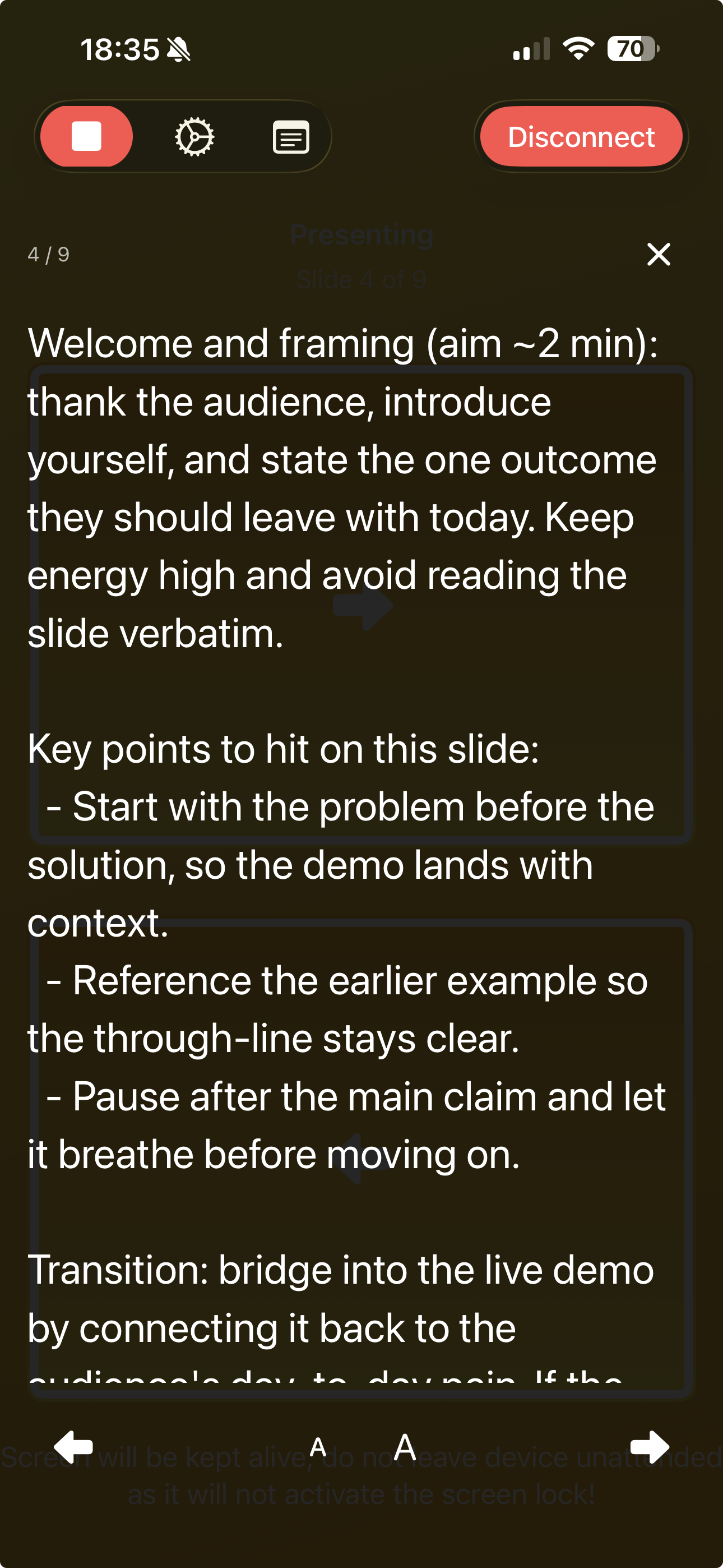 Clicker showing presenter notes on an iPhone while presenting