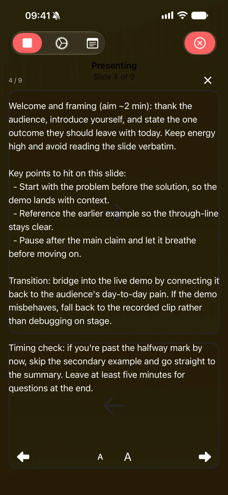 Clicker showing presenter notes on an iPhone while presenting